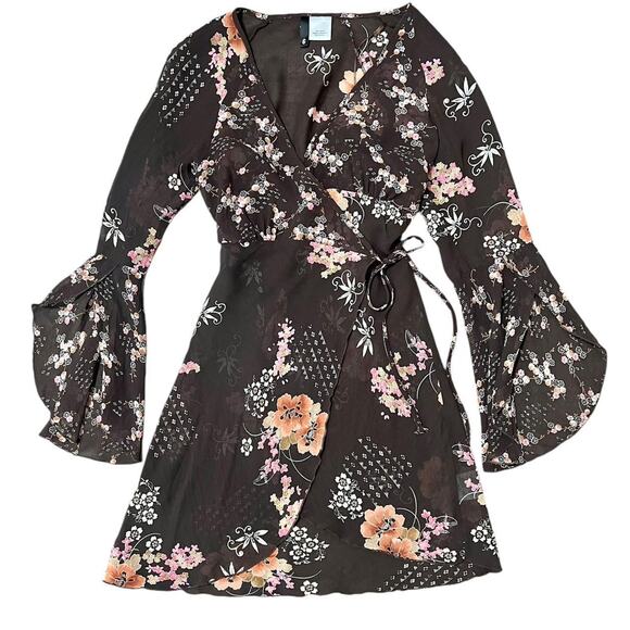 Y2K Divided Fairycore Dark Brown Floral Sheer Mesh Bell Sleeve Wrap Overlay 6/S - Picture 1 of 8